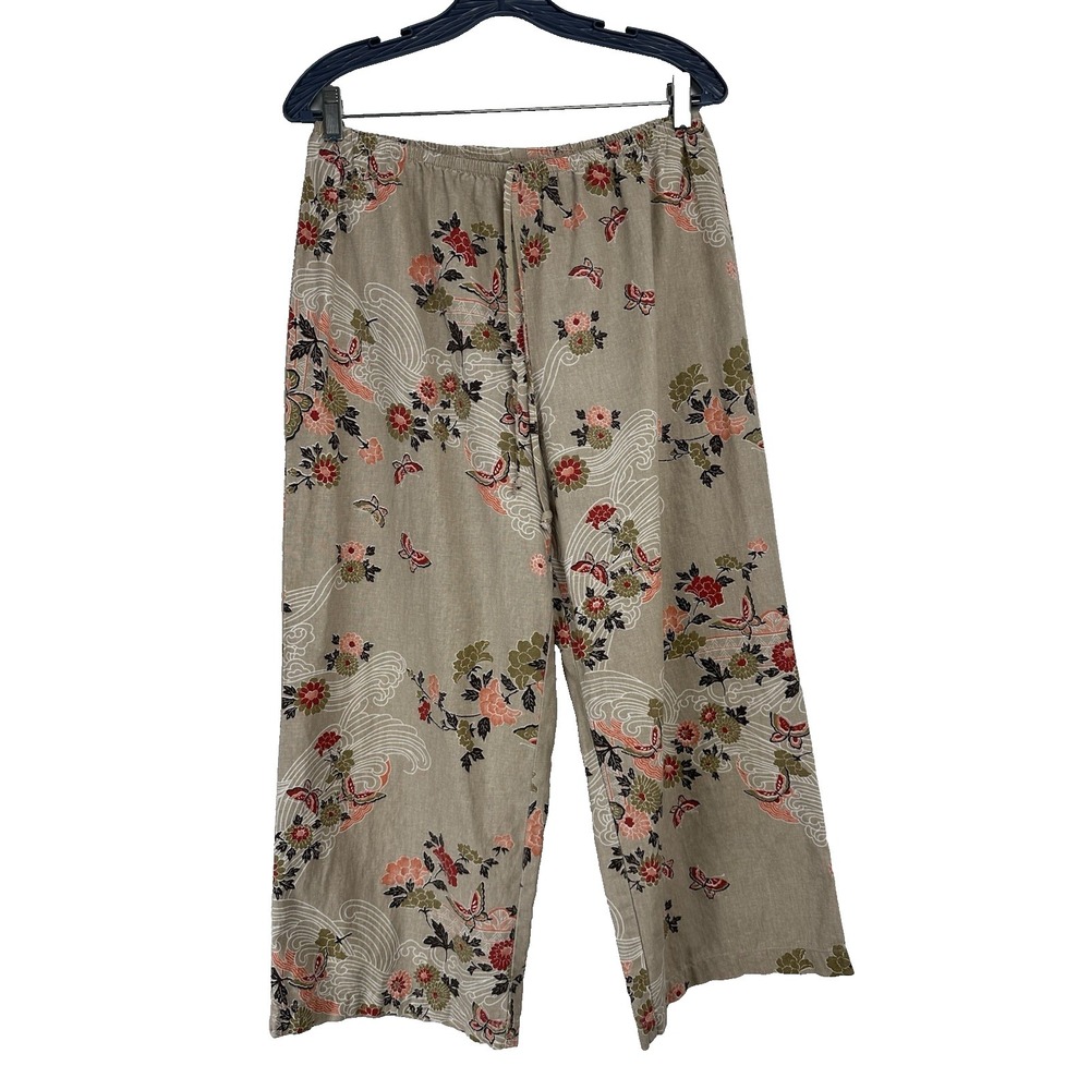 Vintage Blue Women's Linen Blend Pants Size Large Pull On Floral Boho Riviera